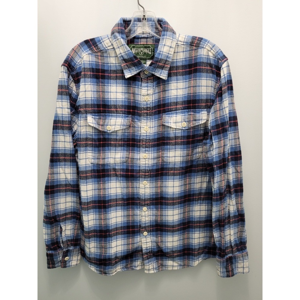 American Eagle Flannel Shirt Mens XL Plaid Blue 100% Cotton